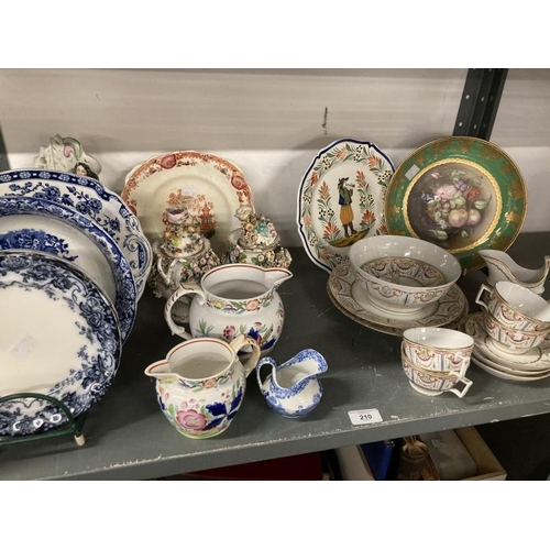 210 - 19th cent. English Ceramics: Ridgeways blue and white plates x 4, coloured enamel jugs possibly Hill... 