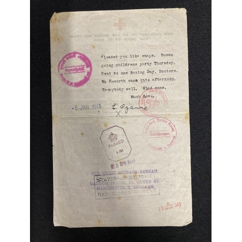 241 - Militaria: Unusual note on Red Cross stationery to a lady in Guernsey with Nazi and Censors stamps.