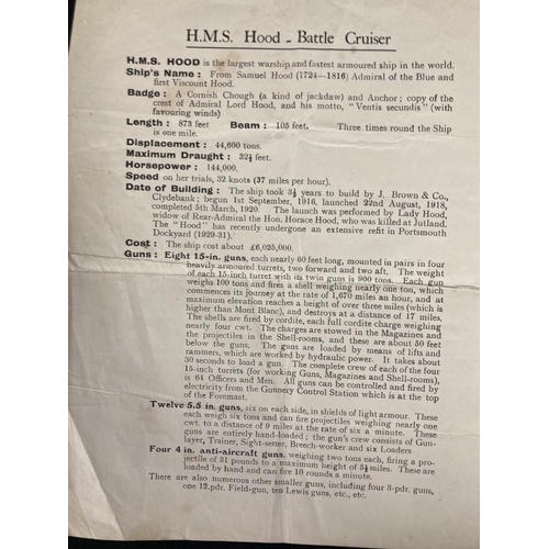 244 - Maritime: Extremely rare 1931 four page pamphlet for H.M.S. Hood 'Notes to Visitors' sold for the be... 