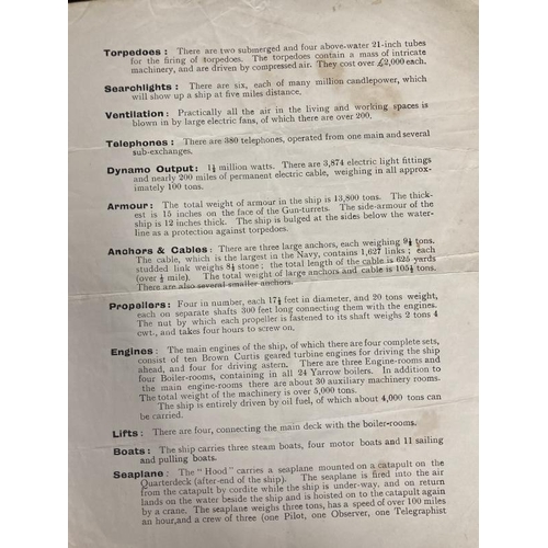 244 - Maritime: Extremely rare 1931 four page pamphlet for H.M.S. Hood 'Notes to Visitors' sold for the be... 