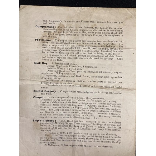 244 - Maritime: Extremely rare 1931 four page pamphlet for H.M.S. Hood 'Notes to Visitors' sold for the be... 