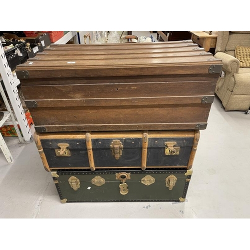 25 - 20th cent. Oak and brass bound travelling trunk. Approx. 36ins. x 15ins. x 21ins; Beech framed canva... 