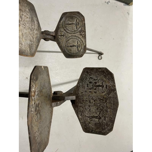 30 - 18th cent. Cast iron Eucharist Communion baking irons, the flats depicting the image of Christ on th... 