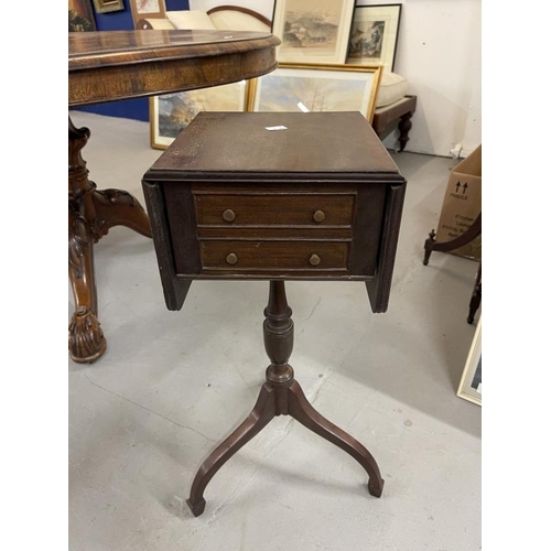 34 - 19th cent. Mahogany drop flap two drawer work table on tripod base, mahogany plant stand with fluted... 