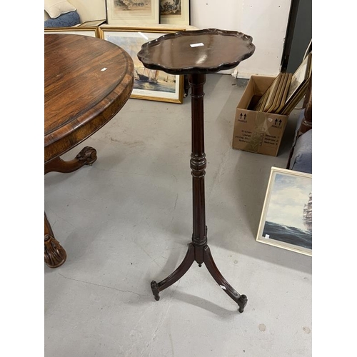 34 - 19th cent. Mahogany drop flap two drawer work table on tripod base, mahogany plant stand with fluted... 