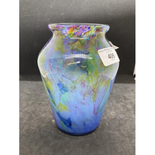 406 - The Mavis and John Wareham Collection: Monart vase pale blue with multicoloured inclusions to top ha... 