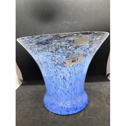 407 - The Mavis and John Wareham Collection: Monart vase flared shape pale blue with purple inclusion to t... 