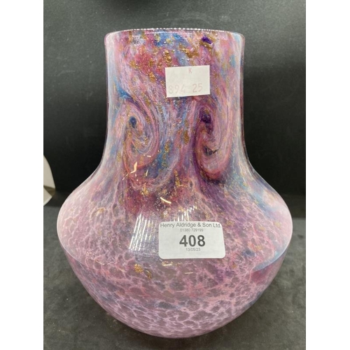 408 - The Mavis and John Wareham Collection: Monart vase deep raspberry, top half multicoloured swirls, av... 