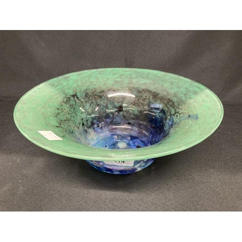 414 - The Mavis and John Wareham Collection: Monart bowl green crackle overlaid with blue and purple. Dia.... 