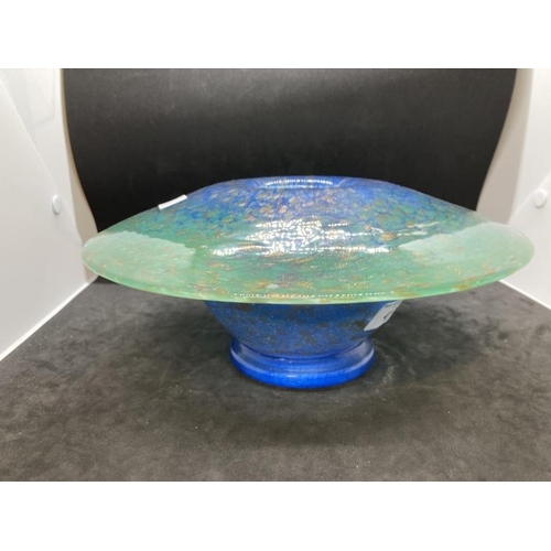 417 - The Mavis and John Wareham Collection: Monart bowl green with blue whorls and base with raspberry an... 