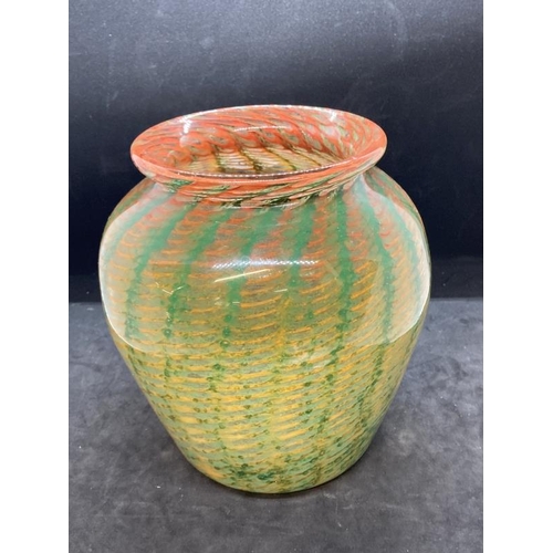 422 - The Mavis and John Wareham Collection: Monart vase clear brown with green vertical stripes with oran... 