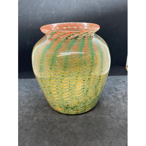 422 - The Mavis and John Wareham Collection: Monart vase clear brown with green vertical stripes with oran... 