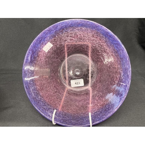 423 - The Mavis and John Wareham Collection: Monart flat bowl pink with deep purple edge and aventurine. D... 