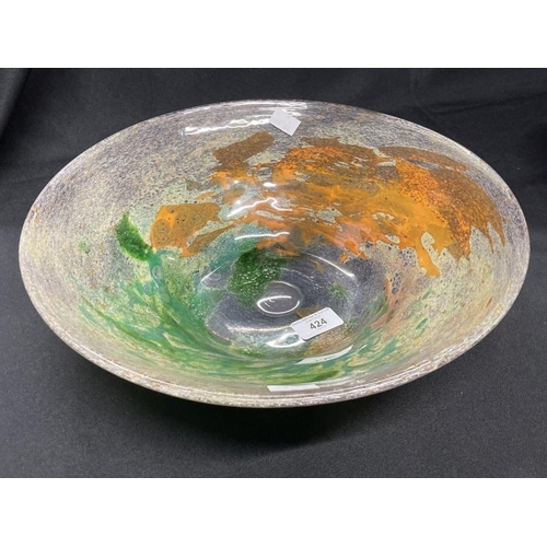 424 - The Mavis and John Wareham Collection: Monart bowl, clear yellow with bubbles, large patches of oran... 