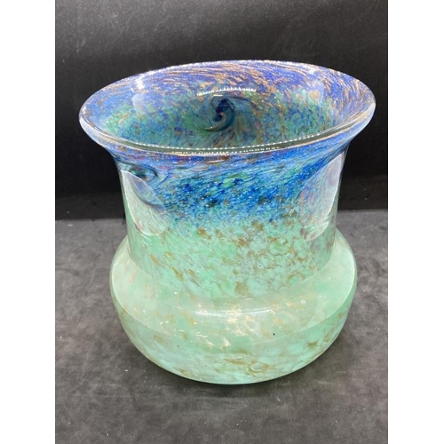 425 - The Mavis and John Wareham Collection: Monart vase pale green with blue and multi coloured inclusion... 