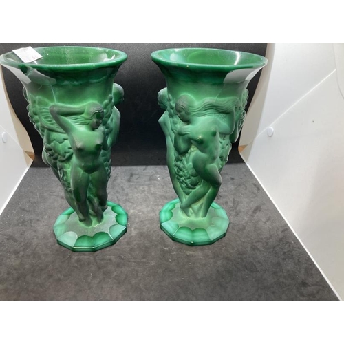 430 - The Mavis and John Wareham Collection: 20th cent. Hoffmann malachite art glass, nude nymph vases, a ... 