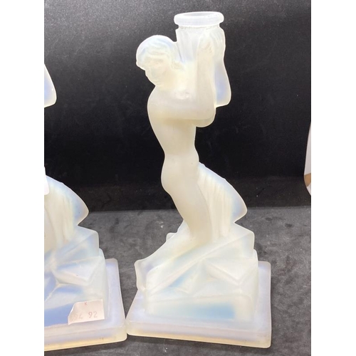 437 - The Mavis and John Wareham Collection: Art Deco opalescent glass nude female candle holders on squar... 