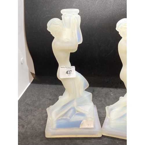 437 - The Mavis and John Wareham Collection: Art Deco opalescent glass nude female candle holders on squar... 