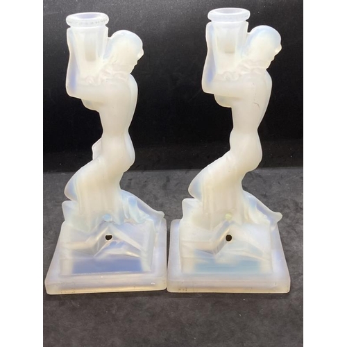 437 - The Mavis and John Wareham Collection: Art Deco opalescent glass nude female candle holders on squar... 