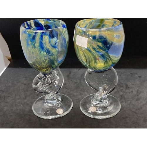 441 - The Mavis and John Wareham Collection: Annette Meech, 1975 multicoloured goblets, a pair. 6¼ins.