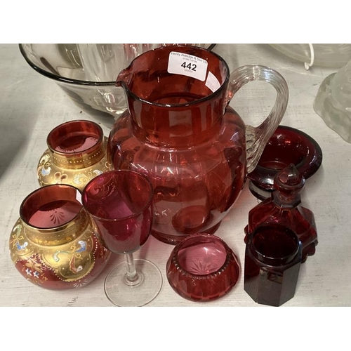 442 - Cranberry and gilt glass vases, a pair, plus six other cranberry and glass items.