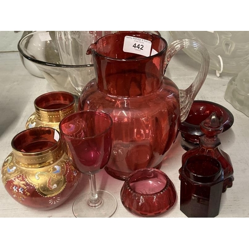 442 - Cranberry and gilt glass vases, a pair, plus six other cranberry and glass items.