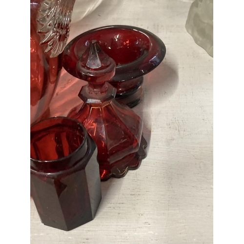 442 - Cranberry and gilt glass vases, a pair, plus six other cranberry and glass items.