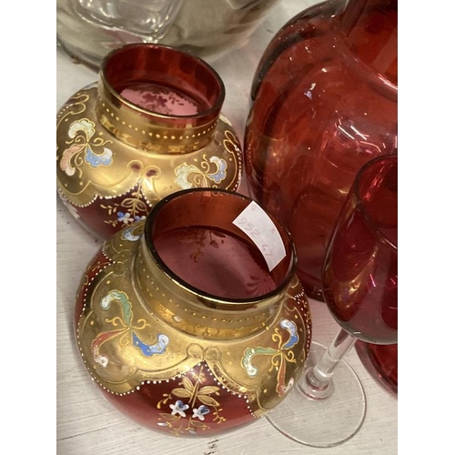 442 - Cranberry and gilt glass vases, a pair, plus six other cranberry and glass items.