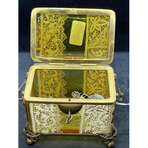 446 - 19th cent. Moser Salviati amber glass lidded casket, white enamel lace like decoration and gilt bras... 