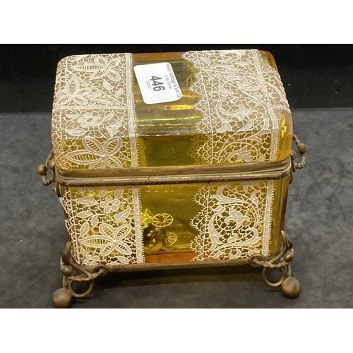 446 - 19th cent. Moser Salviati amber glass lidded casket, white enamel lace like decoration and gilt bras... 