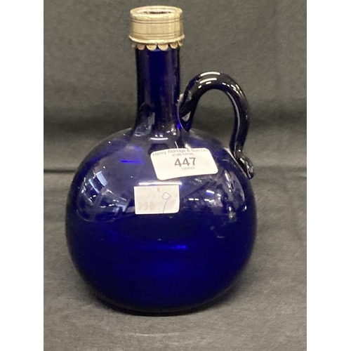 447 - 19th cent. Bristol Blue handled flagon decanter, white metal plated rim, no stopper. Height 7½ins.