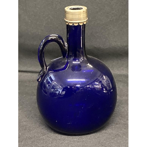 447 - 19th cent. Bristol Blue handled flagon decanter, white metal plated rim, no stopper. Height 7½ins.