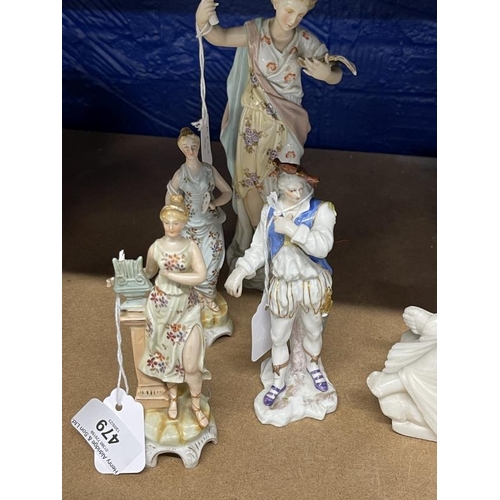 479 - 19th cent. German ceramic figurines - two muses, Arts and Music 5½ins. Plus another A/F, 8ins. All m... 