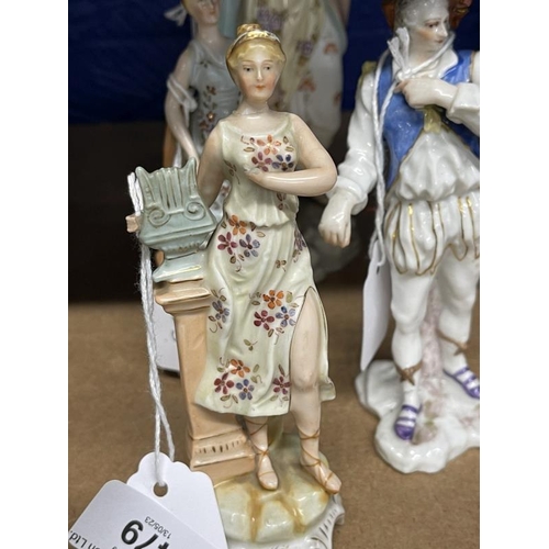 479 - 19th cent. German ceramic figurines - two muses, Arts and Music 5½ins. Plus another A/F, 8ins. All m... 