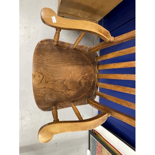 48 - 19th cent. Harlequin set of four beech, elm and oak slat back kitchen armchairs.