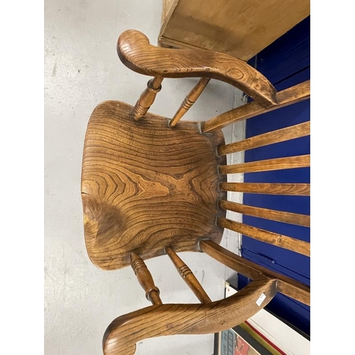 48 - 19th cent. Harlequin set of four beech, elm and oak slat back kitchen armchairs.