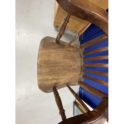 48 - 19th cent. Harlequin set of four beech, elm and oak slat back kitchen armchairs.