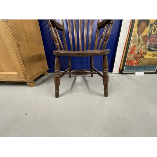 48 - 19th cent. Harlequin set of four beech, elm and oak slat back kitchen armchairs.