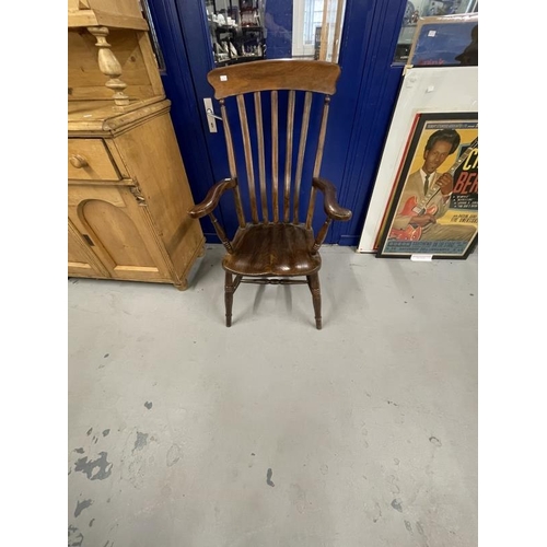 48 - 19th cent. Harlequin set of four beech, elm and oak slat back kitchen armchairs.