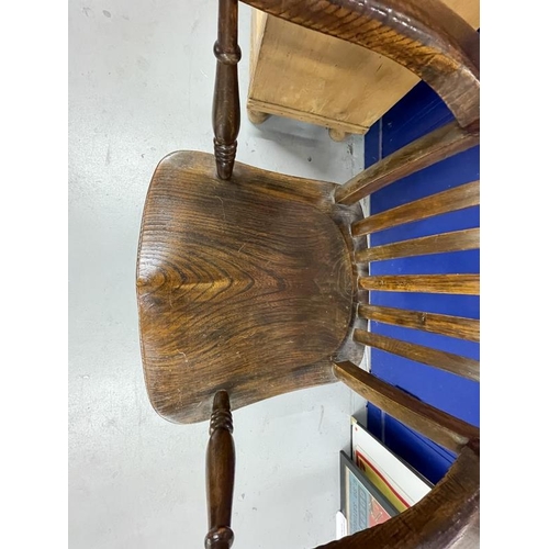 48 - 19th cent. Harlequin set of four beech, elm and oak slat back kitchen armchairs.