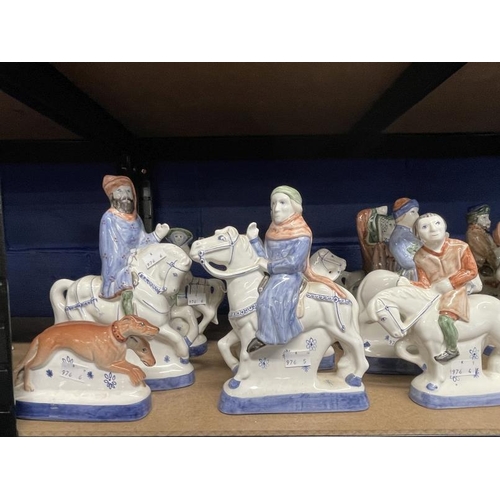 482 - Rye Pottery Canterbury Tales Figurines: The Knight 10ins, The Wife of Bath 8ins, Pair of Running Gre... 