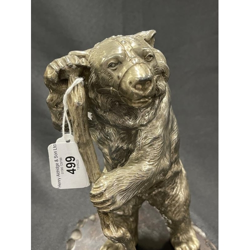 499 - 20th cent. White metal standing bear with staff, height 9½ins. and treen stand. Plus white metal and... 