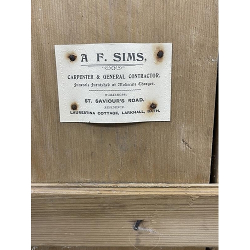 50 - 19th cent. Pine storage box with label underneath A.F. Sims, Larkhall. Approx. 61ins. x 25ins. x 14i... 