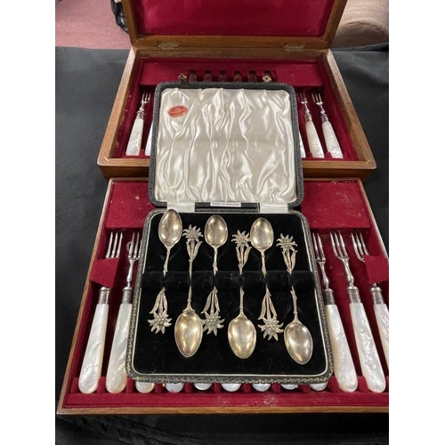 503 - Platedware: Elkington and Mappin & Webb cased sets of cutlery with mother of pearl handles. Plus a b... 