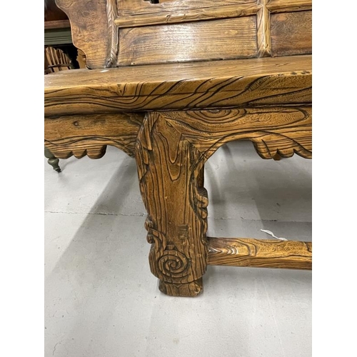 52 - Chinese elm bench with weathered finish, shaped panelled back solid seat on shaped cut out legs with... 