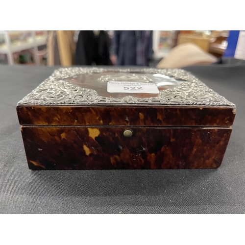 522 - 19th cent. Tortoiseshell jewellery box with silver decoration to the top. 5½ins. x 4¼ins. x 2ins.