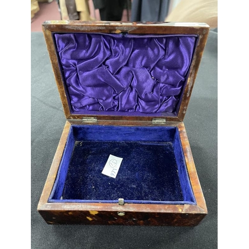 522 - 19th cent. Tortoiseshell jewellery box with silver decoration to the top. 5½ins. x 4¼ins. x 2ins.