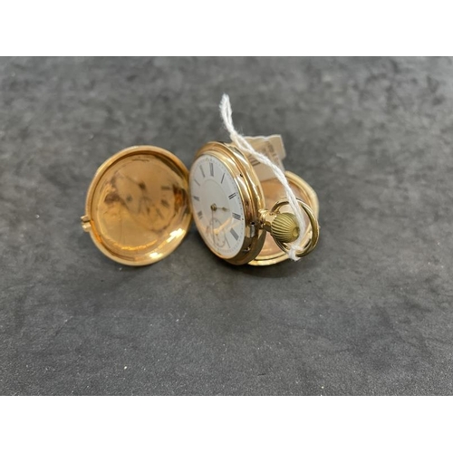 570 - Watches: Yellow metal marked and tested 18ct gold Hunter, white enamel dial, second hand, Roman nume... 