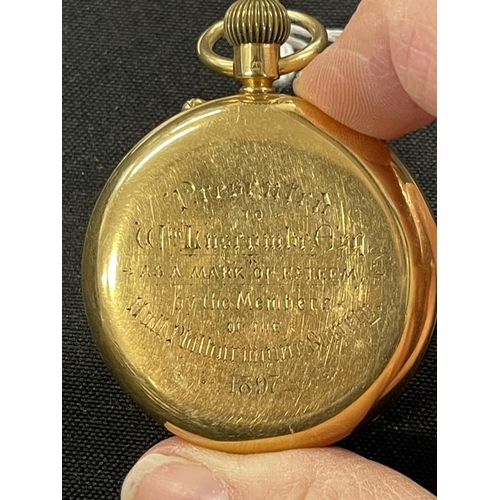 572 - Hallmarked Jewellery: 18ct gold open faced pocket watch, white enamelled dial with black Roman numer... 