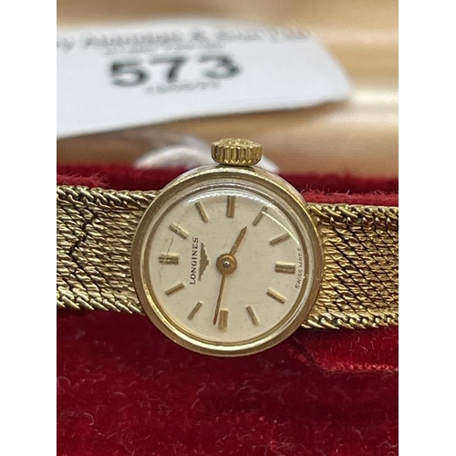 573 - Watches: Ladies 9ct gold hallmarked Longines with integral bracelet, round 15mm case with ivory colo... 